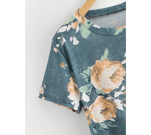 Random Flower Print Curved Hem Tee