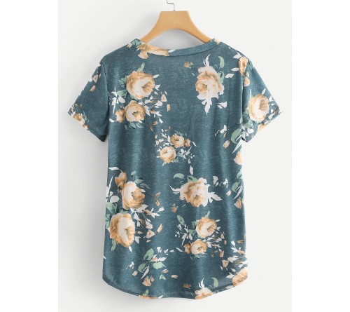 Random Flower Print Curved Hem Tee