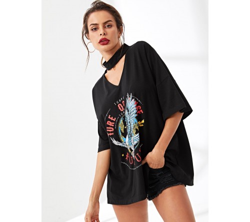 Choker V-Neck Drop Shoulder Print Tee