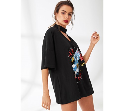 Choker V-Neck Drop Shoulder Print Tee