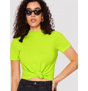 Mock Neck Rib-knit Form Fitted Neon Top