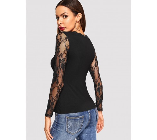 Contrast Lace Sleeve Neck Trim Solid Tee