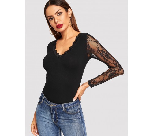 Contrast Lace Sleeve Neck Trim Solid Tee