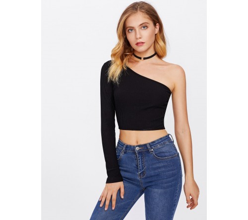 Oblique Shoulder Crop Ribbed Tshirt