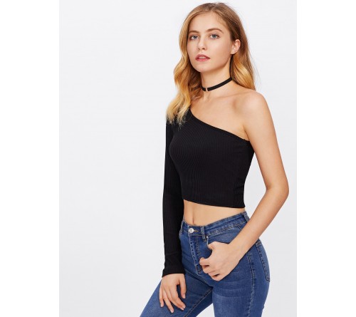 Oblique Shoulder Crop Ribbed Tshirt