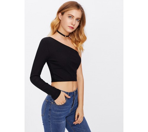 Oblique Shoulder Crop Ribbed Tshirt