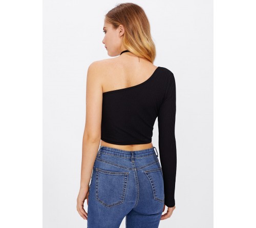 Oblique Shoulder Crop Ribbed Tshirt