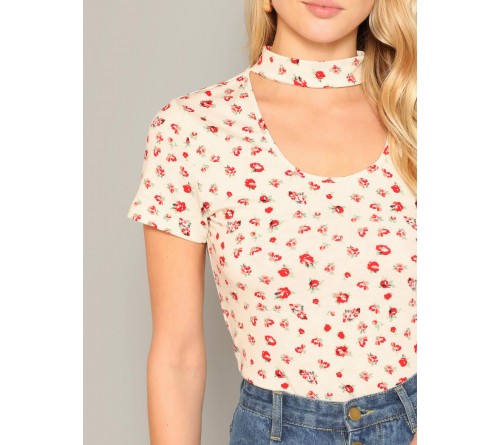 Choker Neck Form Fitting Ditsy Floral Tee