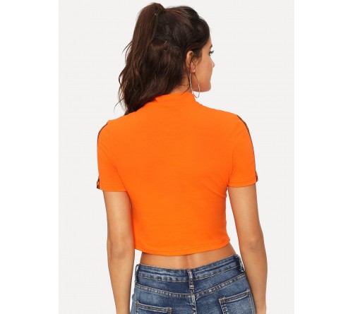 Neon Orange Mock Neck Plaid Panel Crop Tee