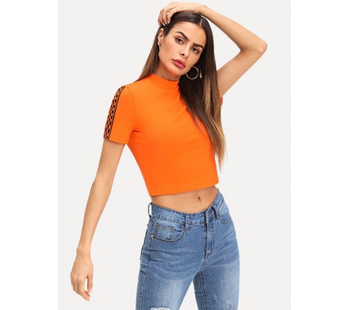 Neon Orange Mock Neck Plaid Panel Crop Tee