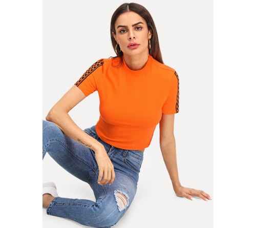 Neon Orange Mock Neck Plaid Panel Crop Tee