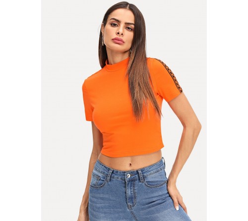 Neon Orange Mock Neck Plaid Panel Crop Tee