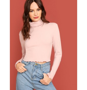 Turtle Neck Rib Knit Crop Tee