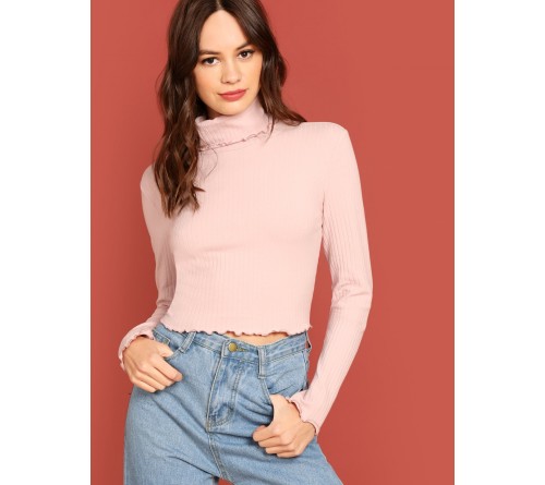 Turtle Neck Rib Knit Crop Tee