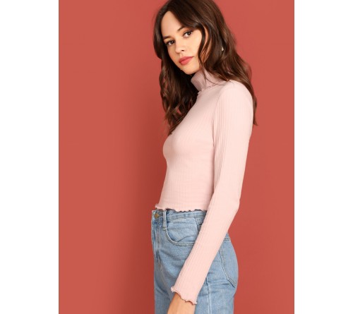 Turtle Neck Rib Knit Crop Tee