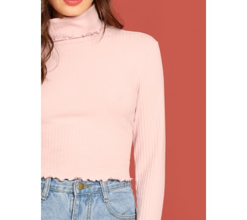 Turtle Neck Rib Knit Crop Tee