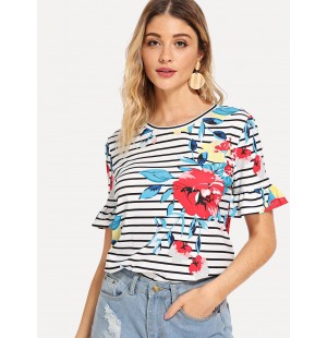 Floral Print Flounce Sleeve Tee