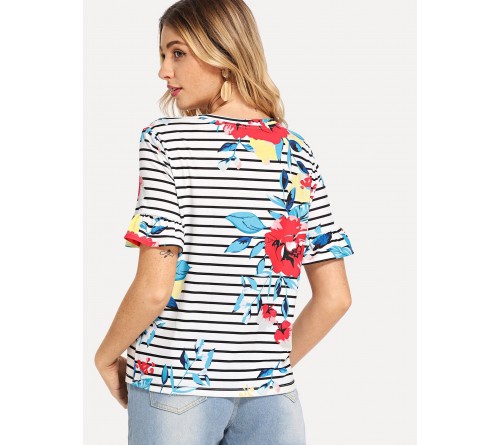 Floral Print Flounce Sleeve Tee