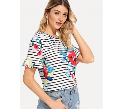 Floral Print Flounce Sleeve Tee