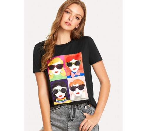 Mixed Applique Cartoon Print Tee