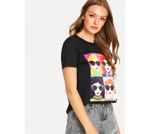 Mixed Applique Cartoon Print Tee