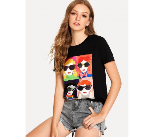 Mixed Applique Cartoon Print Tee