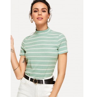 Mock Neck Striped Tee