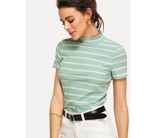 Mock Neck Striped Tee