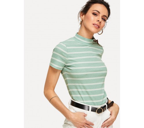 Mock Neck Striped Tee