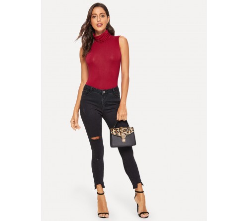 Ruched Turtleneck Sleeveless Slim Top