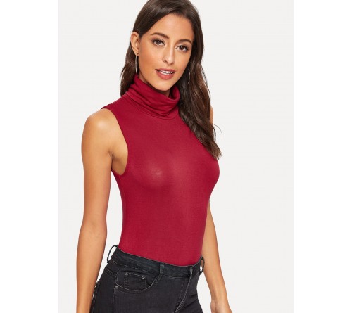 Ruched Turtleneck Sleeveless Slim Top