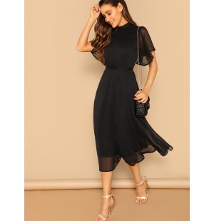 Mock-neck Knot Back Sheer Panel Dress