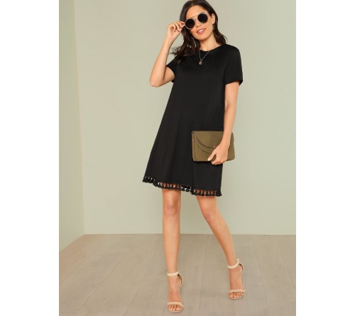 Tassel Hem Side Pocket Tee Dress