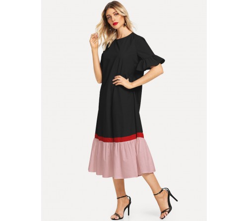 Color-block Ruffle Cuff Hem Dress