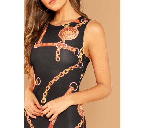 Chain Print Sleeveless Pencil Dress