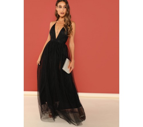 Plunging Neck Mesh-Overlay Maxi Dress