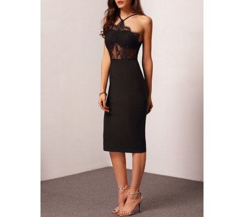 Halter Contrast Lace Sheath Dress