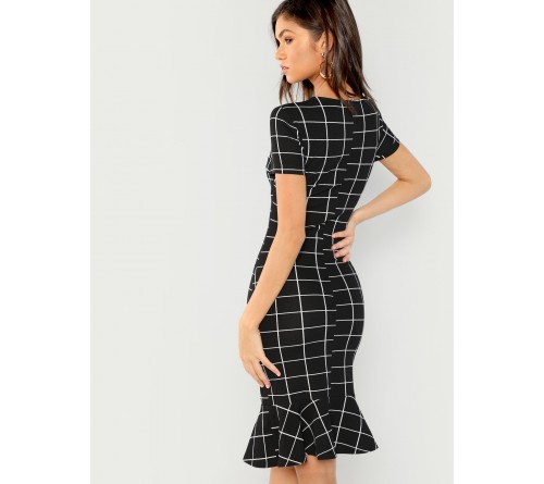 Grid Print Ruffle Hem Bodycon Dress