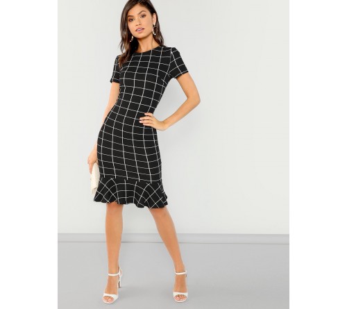 Grid Print Ruffle Hem Bodycon Dress