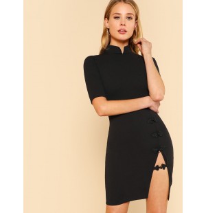 Mandarin Collar Slit Front Dress