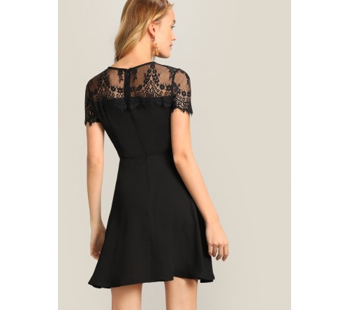 Floral Lace Yoke Fit Flare Dress