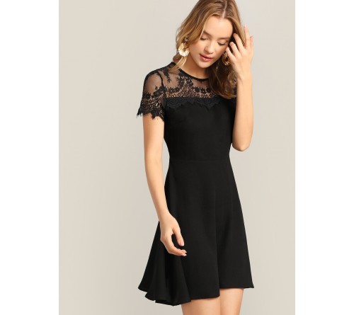 Floral Lace Yoke Fit Flare Dress