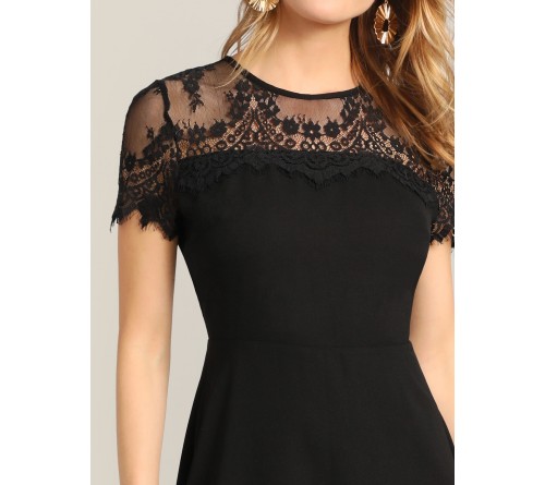 Floral Lace Yoke Fit Flare Dress