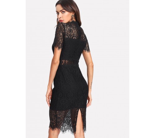 Scallop Eyelash Lace Trim Fitted Dress