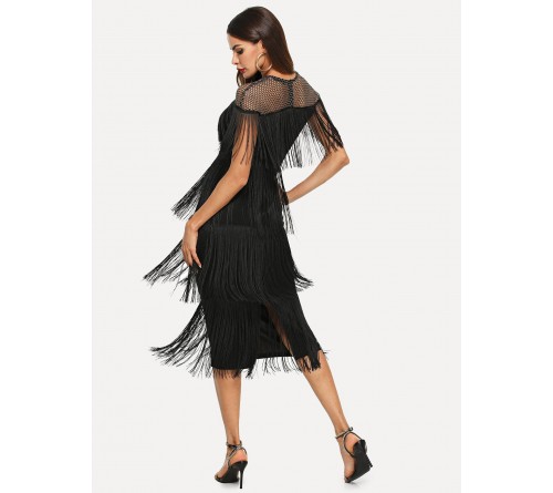 Fishnet Yoke Layered Fringe Dress