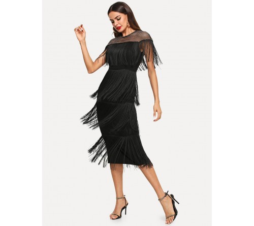 Fishnet Yoke Layered Fringe Dress