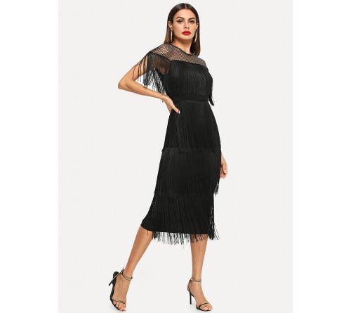 Fishnet Yoke Layered Fringe Dress