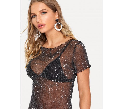 Lettuce Trim Glitter Star Mesh Dress