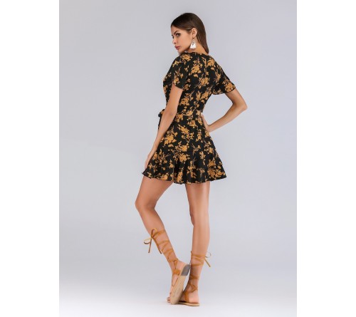 Floral Print Ruffle Hem Belted Dress