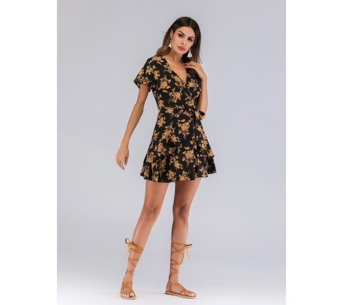 Floral Print Ruffle Hem Belted Dress